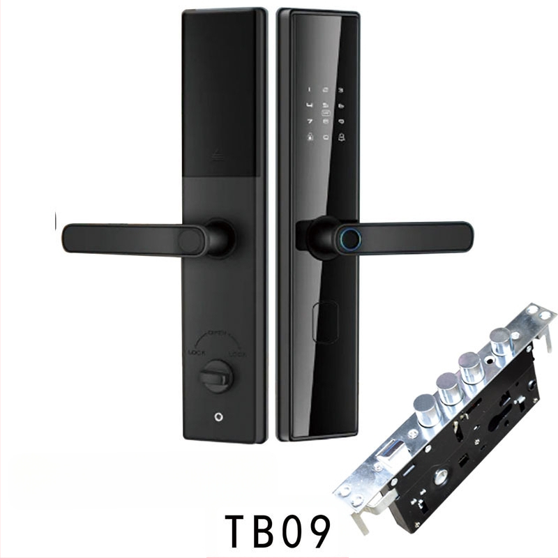 Viedā durvju slēdzene iekšējām koka durvīm ar pirksta nospiedumu, plaukstas nospiedumu, paroli, sejas atpazīšanu un attālinātu atslēgu; panelis no alumīnija sakausējuma