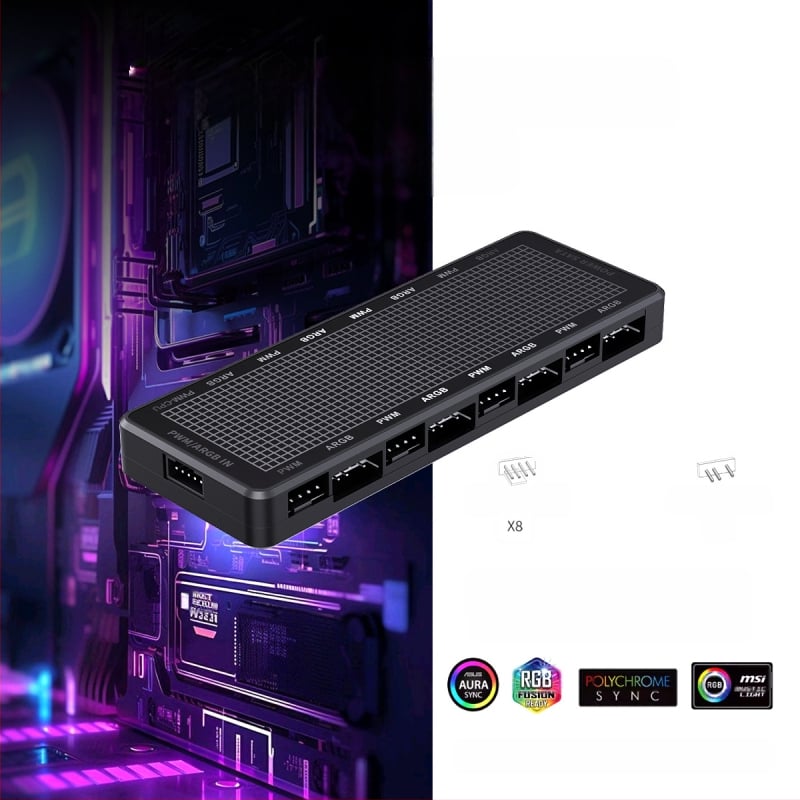 ARGB хъб и PWM двоен хъб за вентилатори в компютърен корпус, поддържа 8 вентилатора, PWM контрол на скоростта, ARGB синхронизация, модел LP-8P-HUB
