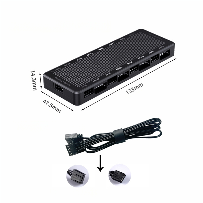 ARGB хъб и PWM двоен хъб за вентилатори в компютърен корпус, поддържа 8 вентилатора, PWM контрол на скоростта, ARGB синхронизация, модел LP-8P-HUB