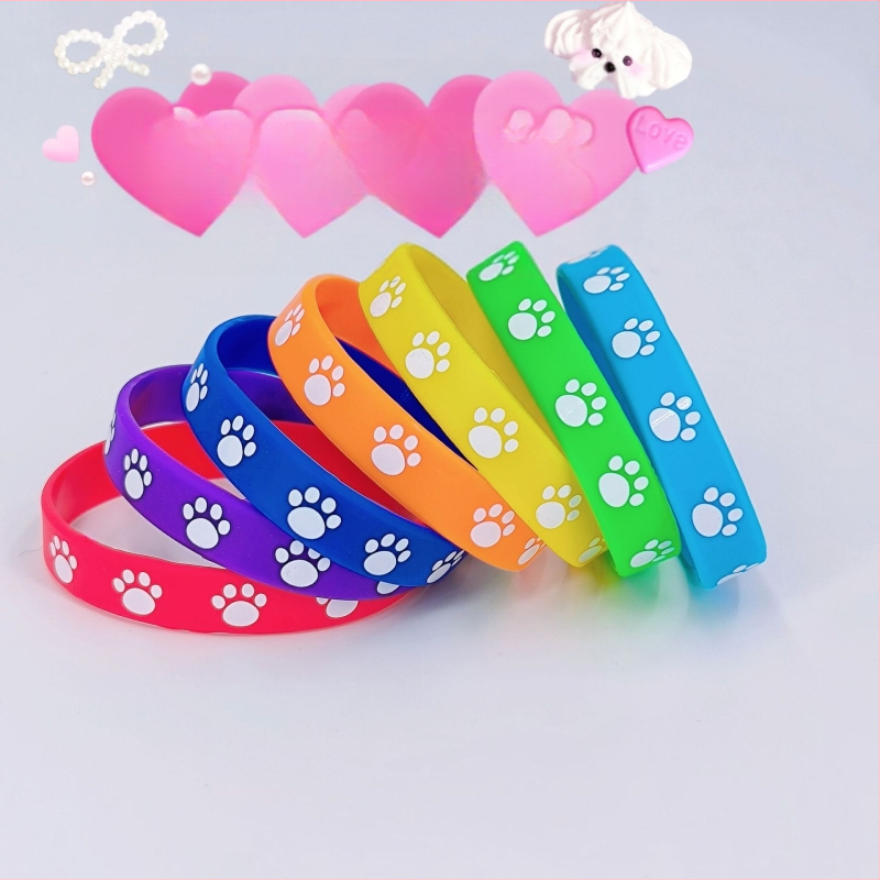 Силиконови гривни с печат на кучешка лапа, карикатурни унисекс гривни, кръгъл модел, плоско принтиране, декоративни бижута