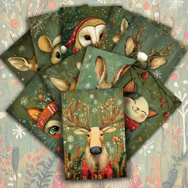 Χριστουγεννιάτικες κάρτες με ζώα, 20 τεμάχια, με αλεπού, λαγό και ποντίκι σε χριστουγεννιάτικα καπέλα και κασκόλ, vintage στυλ