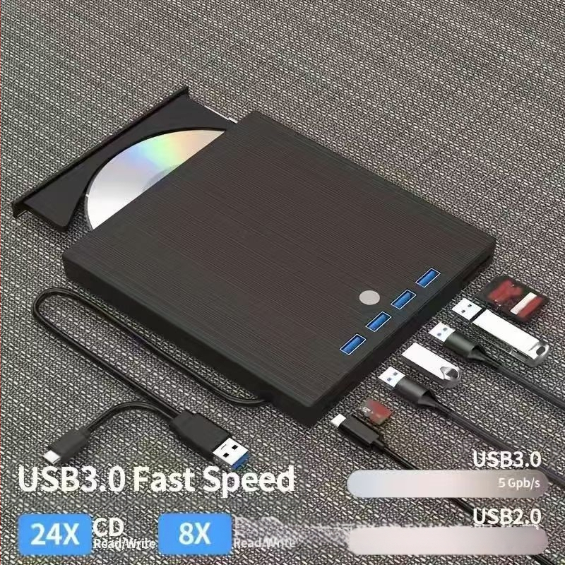 Εξωτερικός 7-σε-1 DVD καταγραφέας με USB 3.0 και Type-C, μηχανισμός φόρτωσης με δίσκο, ανάγνωση 24x, εγγραφή 8x, DVD-RW υποστήριξη