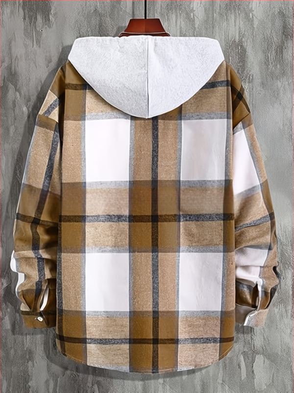 Ανδρικό casual πουκάμισο με κουκούλα σε καρό μοτίβο, λεπτομέρεια μπλοκ σχεδίου, στυλ Χαρατζούκου, εμφάνιση δύο τεμαχίων