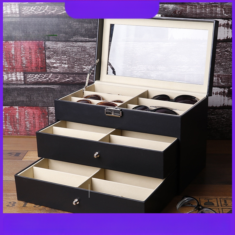 Κουτί αποθήκευσης και προβολής γυαλιών ηλίου, 18 διαμερίσματα, τριών επιπέδων σχεδίασης; υλικό: MDF Leather Flannel; συσκευασία: Packing Box; χρήση: αποθήκευση γυαλιών; ειδική συσκευασία: Jewelry packaging