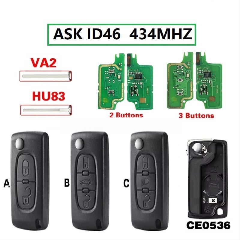 Citroën Logo 2/3 mygtukų sulankstomas raktas VA2/HU83 CE0536 434MHz ID46