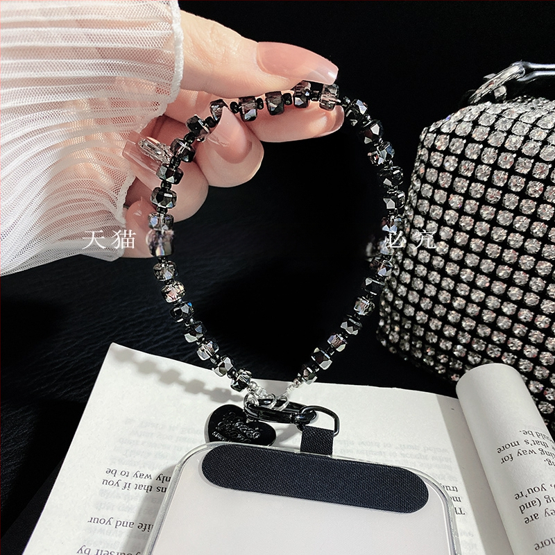 Kristalni rhinestone privjesak za lanac telefona za žene, crni luksuzni dodatak s privjeskom za ključeve