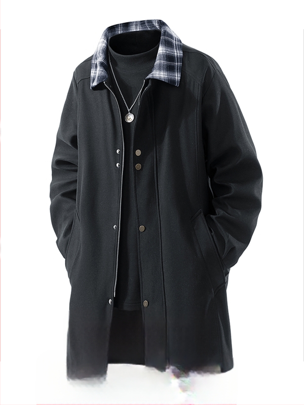 Jachetă de bărbați, lungime medie, patchwork în carouri, guler rabat, fermoar frontal, buzunare laterale