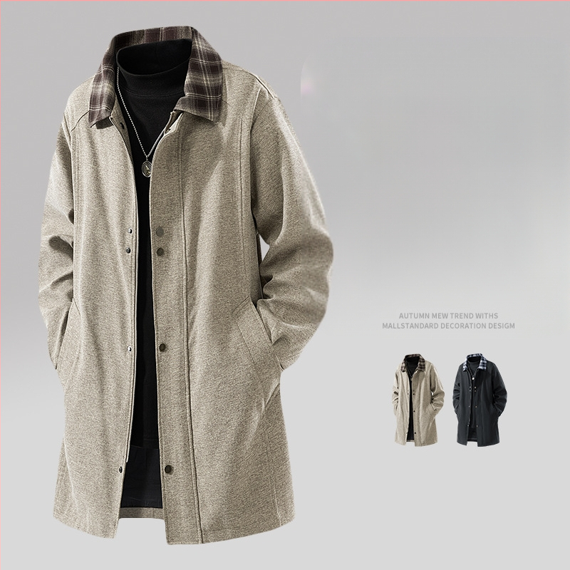 Jachetă de bărbați, lungime medie, patchwork în carouri, guler rabat, fermoar frontal, buzunare laterale