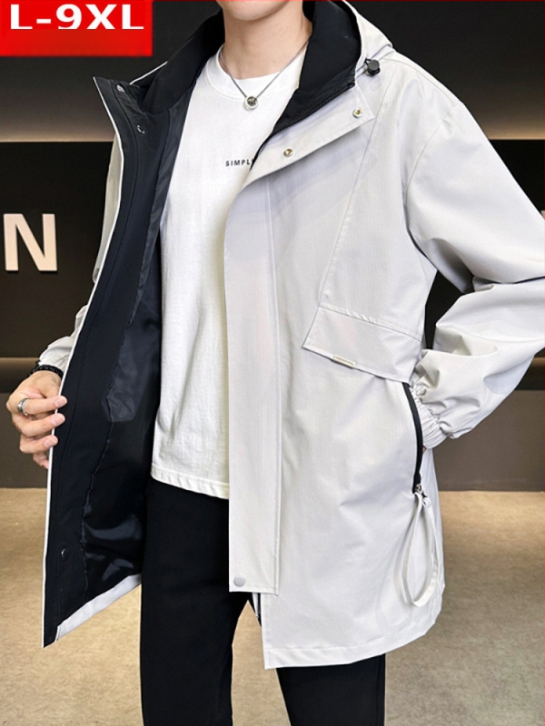 Jachetă bărbătească cu glugă, croială lejeră, lungime medie, fermoar, 100% poliester, pentru primăvară și toamnă