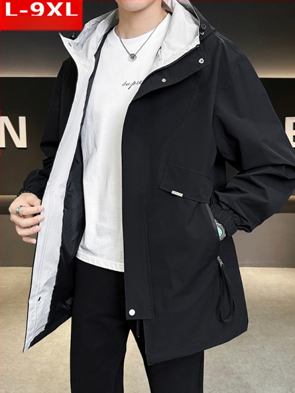 Jachetă bărbătească cu glugă, croială lejeră, lungime medie, fermoar, 100% poliester, pentru primăvară și toamnă