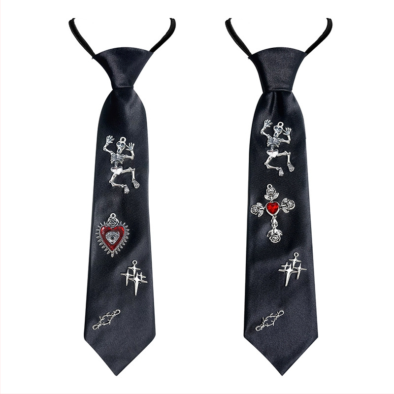 Готическа вратовръзка с череп и кръст – Halloween аксесоар за мъже, едноцветна, дизайн без възел, форма на череп-кръст, електроплакиран финиш
