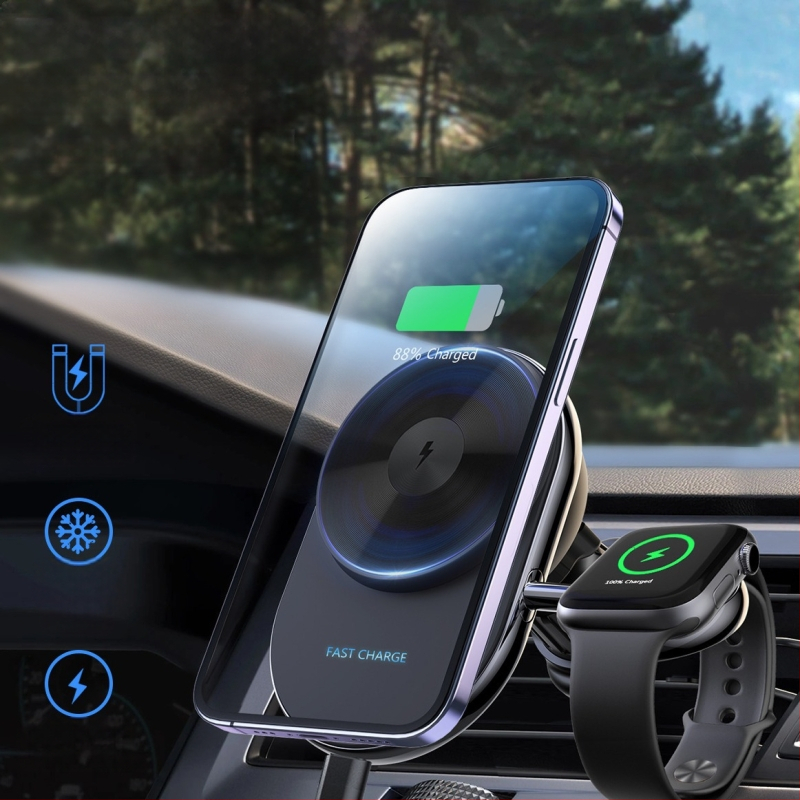 Автомобилен магнитен безжичен заряден държач за iPhone и Apple Watch, 15W, монтаж върху въздушен вентил, 2-в-1 държач