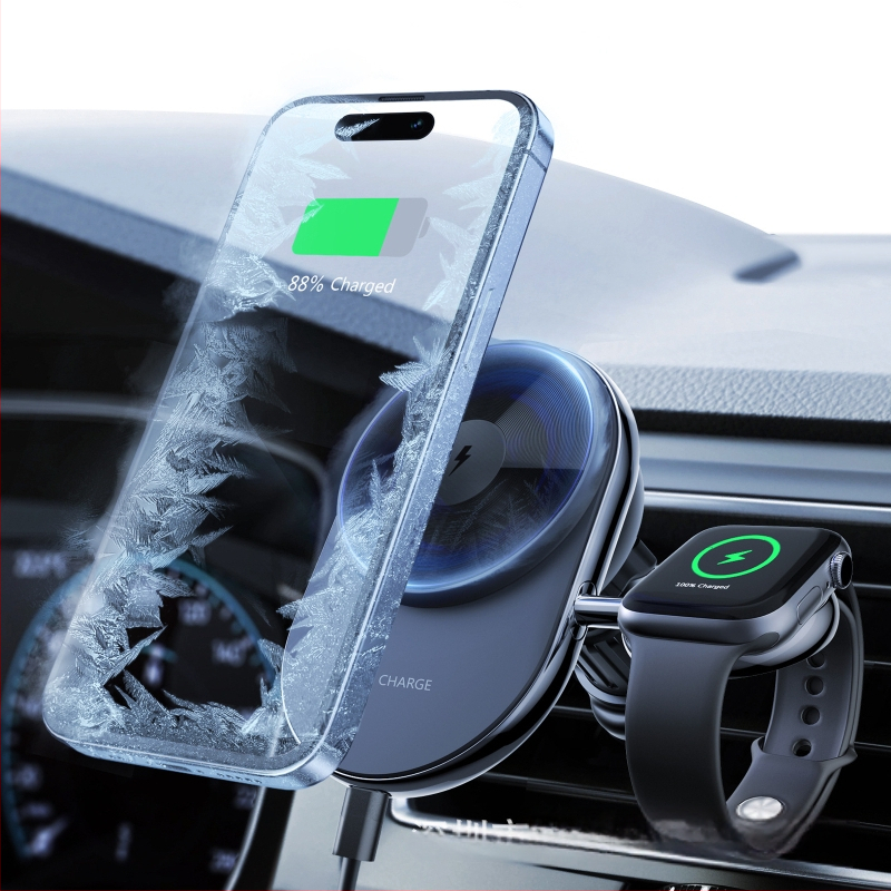 Автомобилен магнитен безжичен заряден държач за iPhone и Apple Watch, 15W, монтаж върху въздушен вентил, 2-в-1 държач