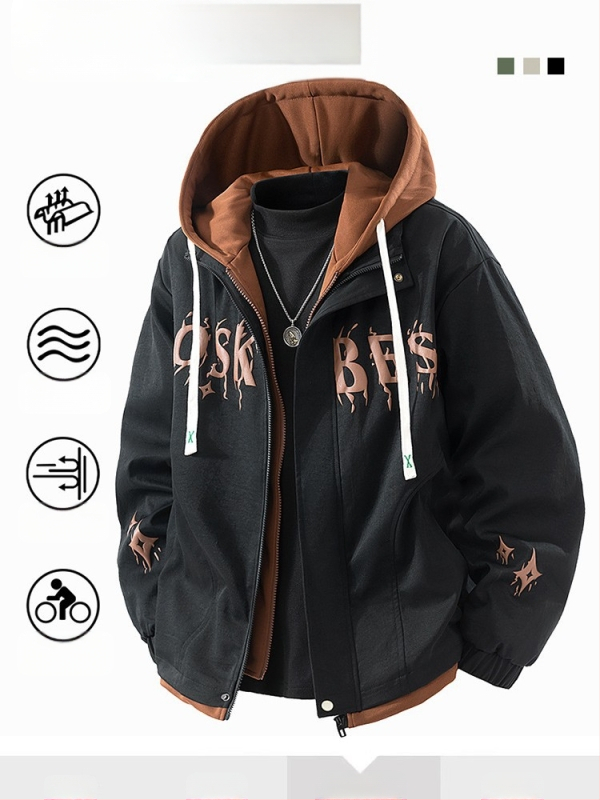 Ανδρικό μπουφάν εξωτερικού τύπου με κουκούλα, ανεμοφράκτο, πολυεστερικό ύφασμα, μακριά μανίκια, μεσαίας πυκνότητας