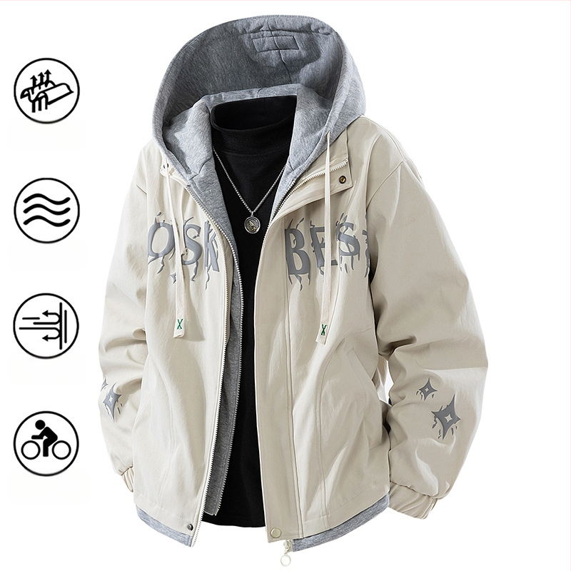 Ανδρικό μπουφάν εξωτερικού τύπου με κουκούλα, ανεμοφράκτο, πολυεστερικό ύφασμα, μακριά μανίκια, μεσαίας πυκνότητας