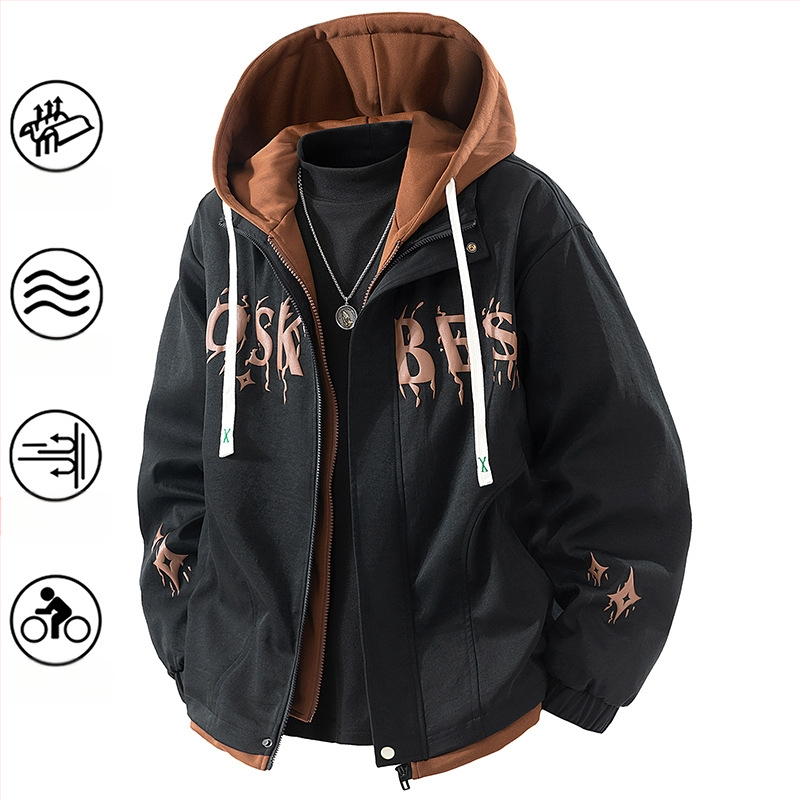 Ανδρικό μπουφάν εξωτερικού τύπου με κουκούλα, ανεμοφράκτο, πολυεστερικό ύφασμα, μακριά μανίκια, μεσαίας πυκνότητας