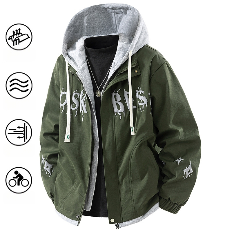 Ανδρικό μπουφάν εξωτερικού τύπου με κουκούλα, ανεμοφράκτο, πολυεστερικό ύφασμα, μακριά μανίκια, μεσαίας πυκνότητας