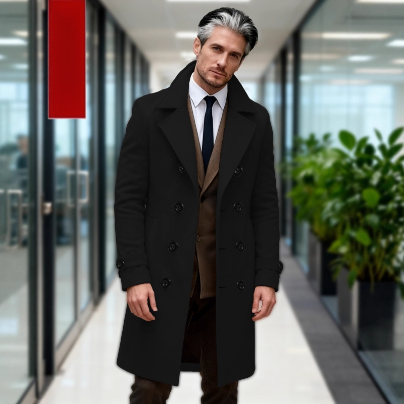 Vyrinis ilgas windbreaker paltas, dvigubo užsegimo sagtys, siauras kirpimas, vienodos spalvos modelis, ruduo 2025