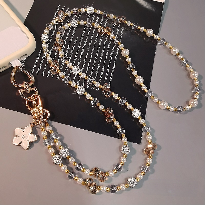 Telefono pakabukas per petį su ilga grandine, krištolo karoliukų ir perlų, rankų darbo, moterų stiliaus, daugiafunkcinė