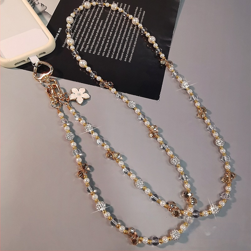 Telefono pakabukas per petį su ilga grandine, krištolo karoliukų ir perlų, rankų darbo, moterų stiliaus, daugiafunkcinė