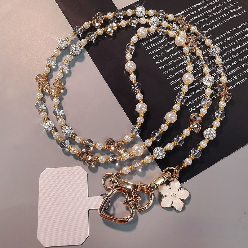 Telefono pakabukas per petį su ilga grandine, krištolo karoliukų ir perlų, rankų darbo, moterų stiliaus, daugiafunkcinė