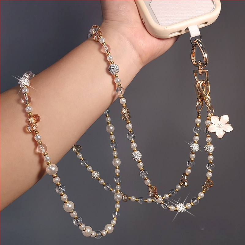 Telefono pakabukas per petį su ilga grandine, krištolo karoliukų ir perlų, rankų darbo, moterų stiliaus, daugiafunkcinė