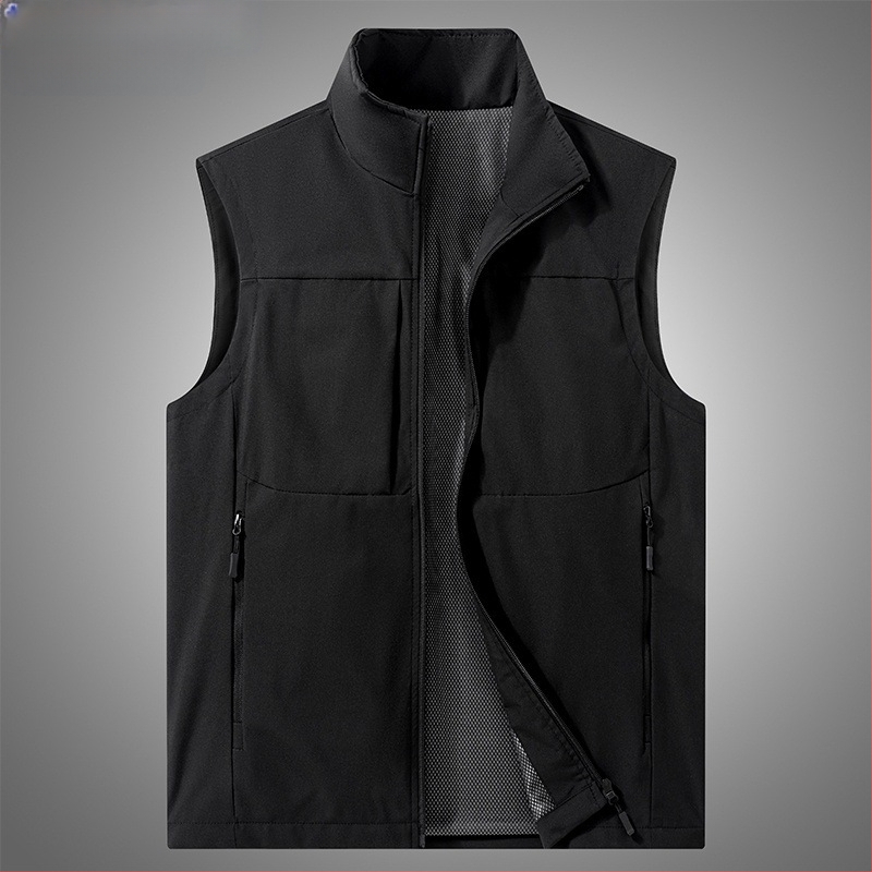 Мъжки жилетка-кардиган за пролет-есен, тънък материал, стояща яка, цип, водоустойчив и ветроустойчив, множество джобове