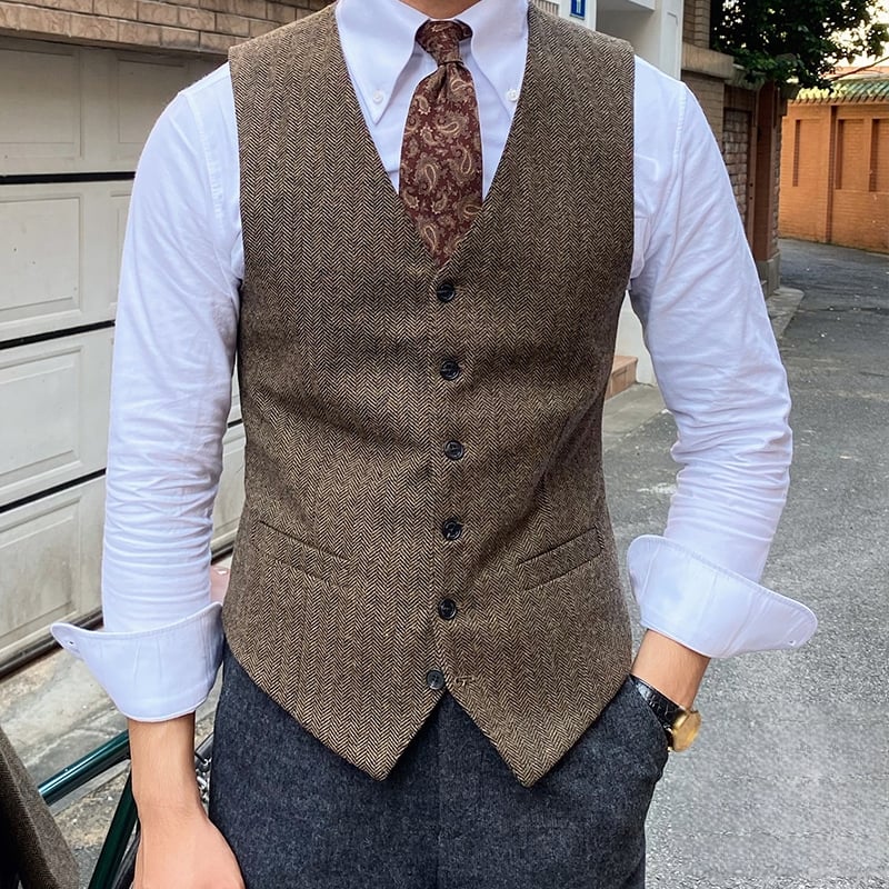 Corduroy мъжки жилет – тясно прилепване, винтидж британски стил, V-neck, еднобортен, Rabbit Hair