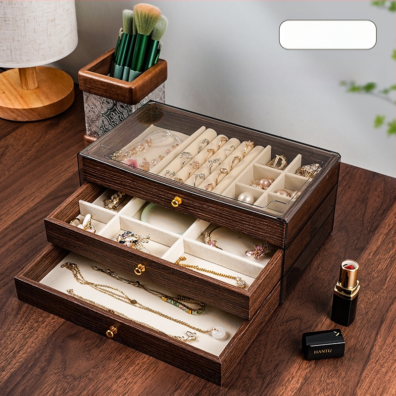 Riešutmedžio rašto juvelyrinių dėžuų daugiasluoksnis organizatorius, skirtas karoliai ir auskarams, didelė talpa, tris ar penkių sluoksnių dizainas