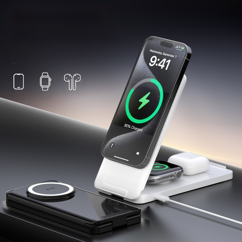 Bezvadu magnētiskais lādētājs ar saliekamu vertikālu statīvu telefoniem, pulksteņiem un Apple austiņām - 15W QC2.0