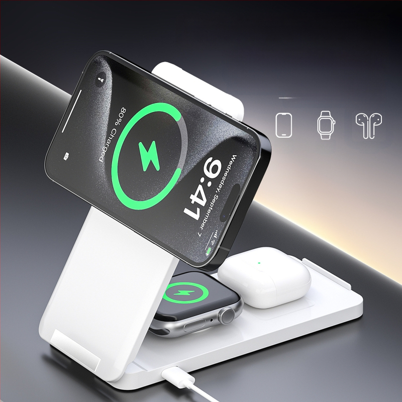 Bezvadu magnētiskais lādētājs ar saliekamu vertikālu statīvu telefoniem, pulksteņiem un Apple austiņām - 15W QC2.0