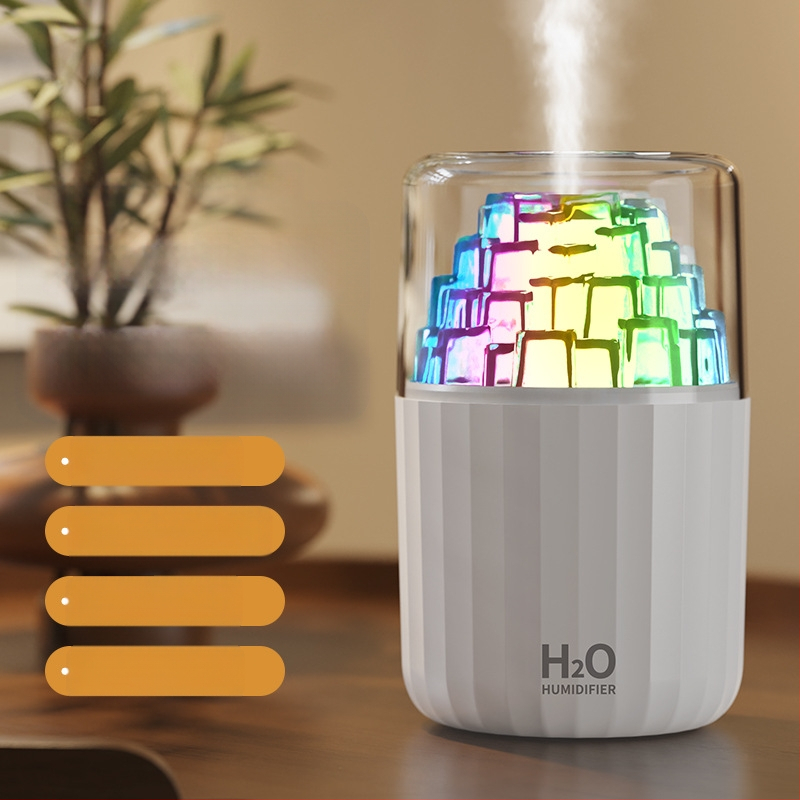 USB овлажнител с LED лампа под формата на ледено кубче, 3D многоцветна атмосфера, ароматерапия, покритие 10–20 м², резервоар <0,5 л, таймер 2–8 ч