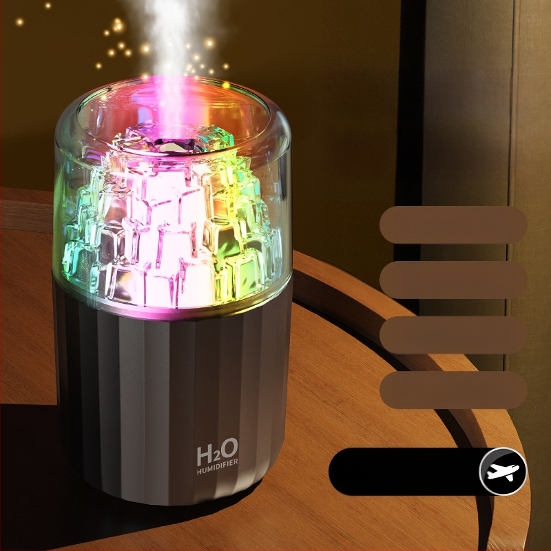 USB овлажнител с LED лампа под формата на ледено кубче, 3D многоцветна атмосфера, ароматерапия, покритие 10–20 м², резервоар <0,5 л, таймер 2–8 ч