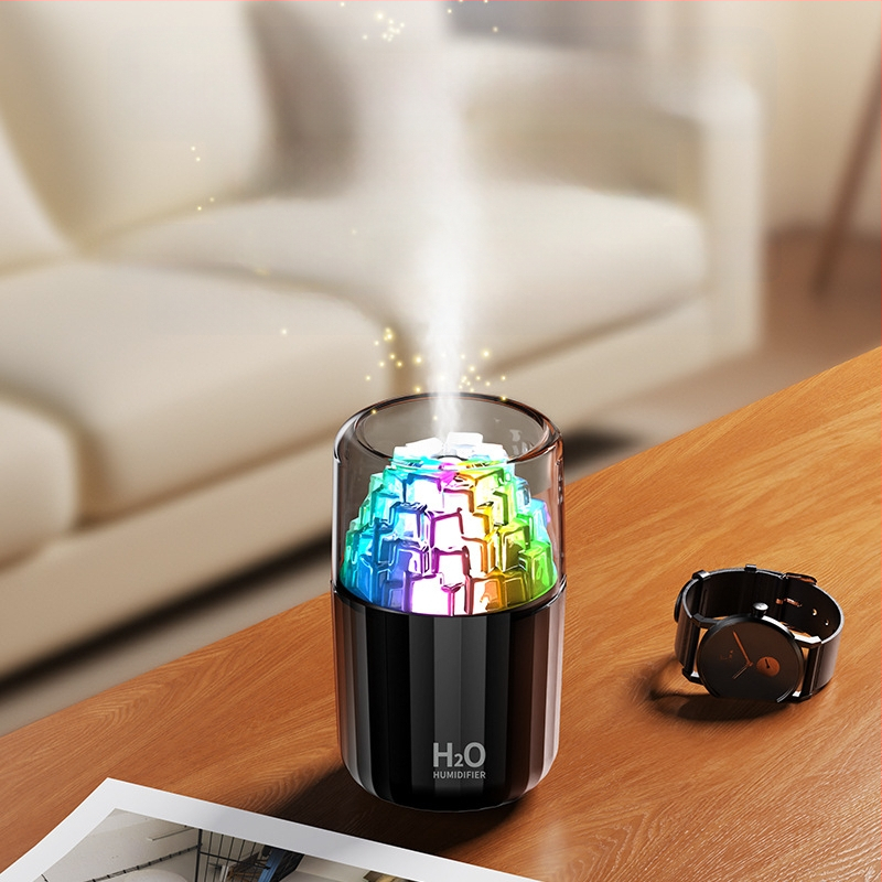 USB овлажнител с LED лампа под формата на ледено кубче, 3D многоцветна атмосфера, ароматерапия, покритие 10–20 м², резервоар <0,5 л, таймер 2–8 ч