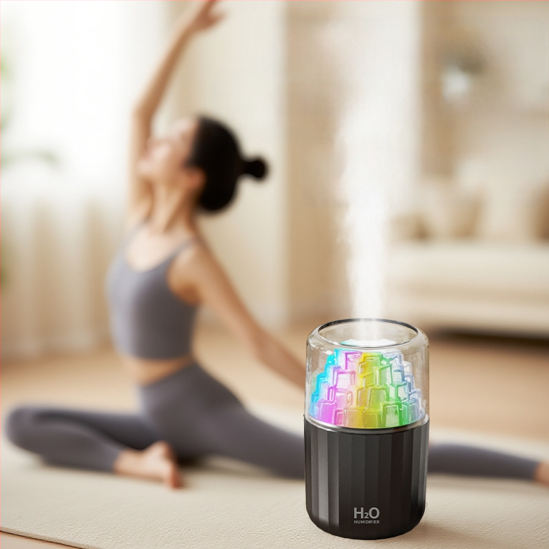 USB овлажнител с LED лампа под формата на ледено кубче, 3D многоцветна атмосфера, ароматерапия, покритие 10–20 м², резервоар <0,5 л, таймер 2–8 ч