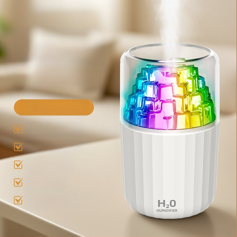 USB овлажнител с LED лампа под формата на ледено кубче, 3D многоцветна атмосфера, ароматерапия, покритие 10–20 м², резервоар <0,5 л, таймер 2–8 ч
