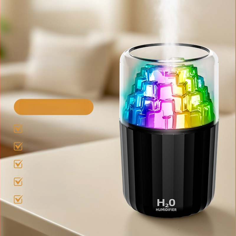 USB овлажнител с LED лампа под формата на ледено кубче, 3D многоцветна атмосфера, ароматерапия, покритие 10–20 м², резервоар <0,5 л, таймер 2–8 ч