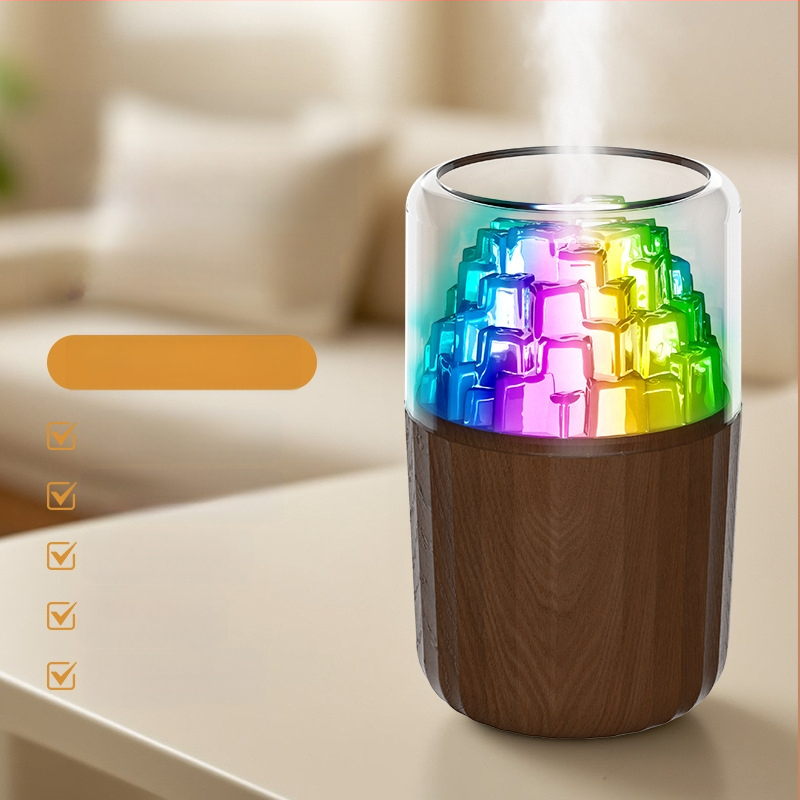 USB овлажнител с LED лампа под формата на ледено кубче, 3D многоцветна атмосфера, ароматерапия, покритие 10–20 м², резервоар <0,5 л, таймер 2–8 ч