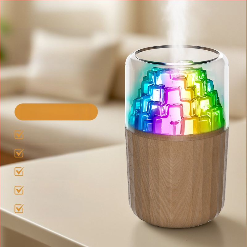 USB овлажнител с LED лампа под формата на ледено кубче, 3D многоцветна атмосфера, ароматерапия, покритие 10–20 м², резервоар <0,5 л, таймер 2–8 ч