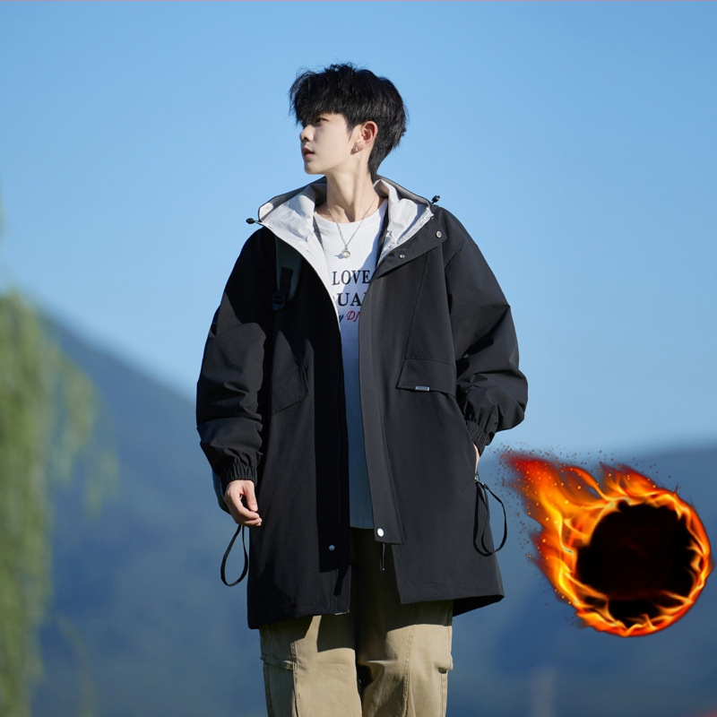 Geacă cu glugă pentru bărbați, lungime medie, croială lejeră, buzunare cu fermoar, poliester.