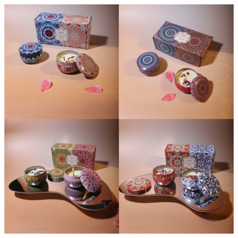 Κουτί δώρου με αρωματικά κεριά Jie Sheng Aromatherapy — κεριά από κερί σόγιας σε σχήμα κύπελλου, χειροποίητα και ρίχνονται με χειροποίητη τεχνική, με λογότυπο πάνω στην κονσέρβα