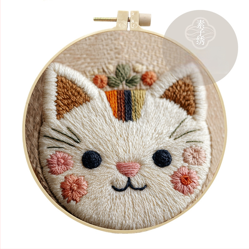 Set de broderie Punch Needle – Pisică RagDoll, Model cu desene animate, Bumbac, Stil Modern Minimalist