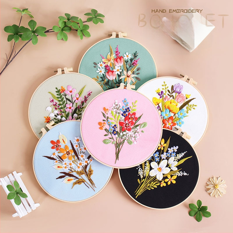 Kit de broderie pe pânză Nordic – Bumbac, model cu flori/iarbă/frunze, Su broderie