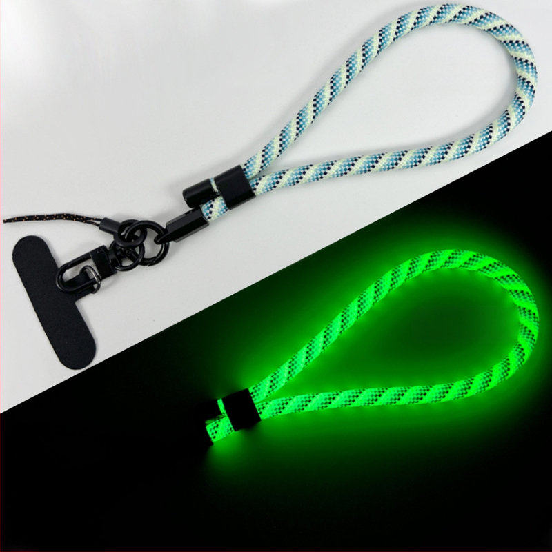 Ланярд за телефон със светлинен ефект, регулируем и отделяем за китката (Плетена конструкция; Полиестерово въже; Метална катарама; Метална висулка; Форма на висулката: Друга)