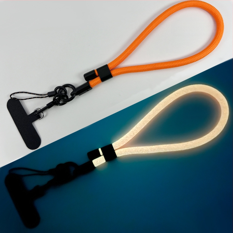 Ланярд за телефон със светлинен ефект, регулируем и отделяем за китката (Плетена конструкция; Полиестерово въже; Метална катарама; Метална висулка; Форма на висулката: Друга)