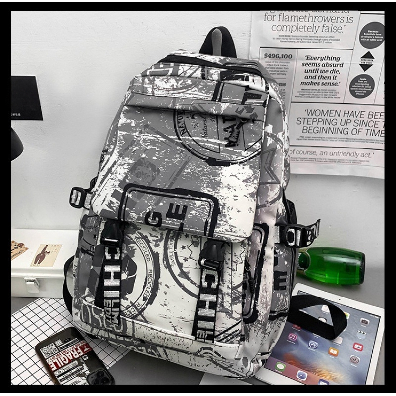 Unisex nailoninė kuprinė su kamufliažiniu graffiti raštu, 20–35 L, kvėpuojanti, atspari vandeniui, atspari dėvėjimuisi, oro pagalvės pečių dirželiai