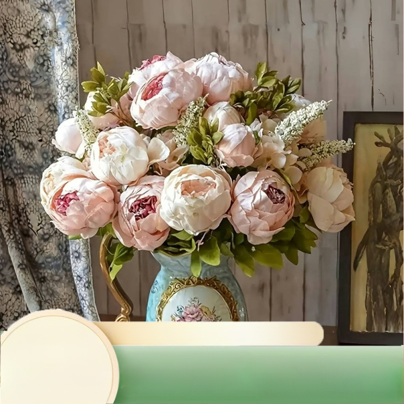 Mesterséges peónia növény 13 fejjel és európai stílusú nagy levelekkel, selyem virágokkal, otthoni dekorációhoz