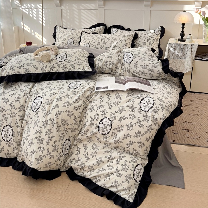 Set de pat din bumbac spălat, dantelă cu foi de lotus, stil Hepburn, imprimeu floral, stil foi franțuzesc, 800–1000 g