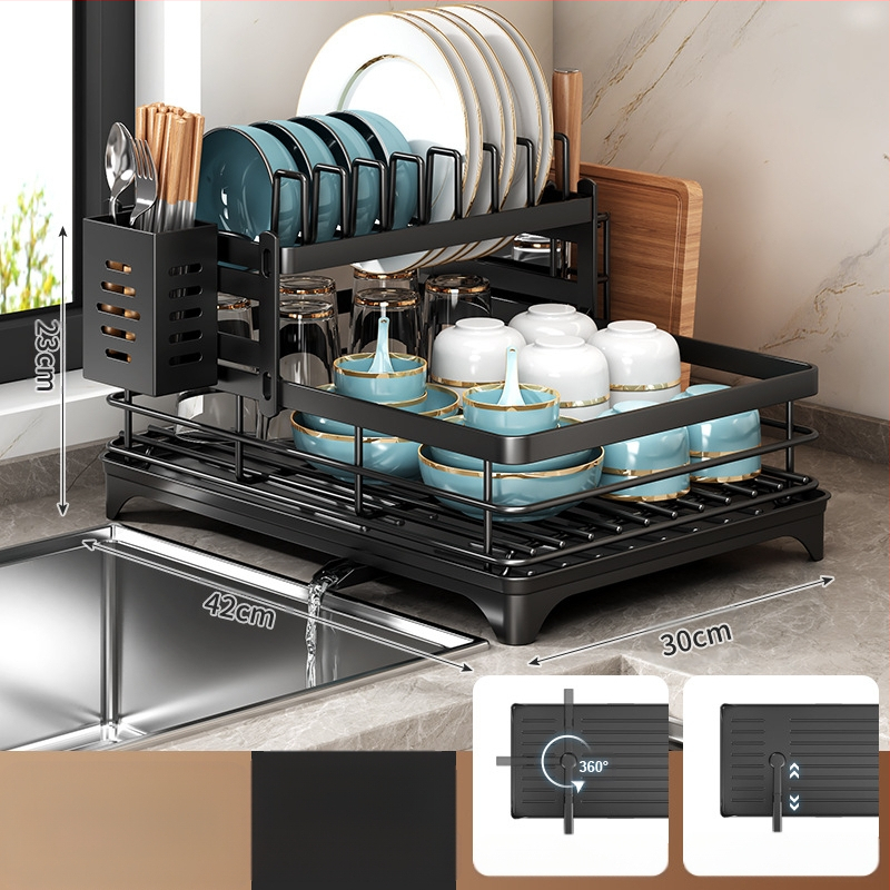 Ράφι αποστράγγισης πιάτων με θήκη για ξυλάκια φαγητού – Ατσάλι άνθρακα – Σύγχρονο μίνιμαλ στυλ – Στενή κατασκευή για περβάζι κουζίνας