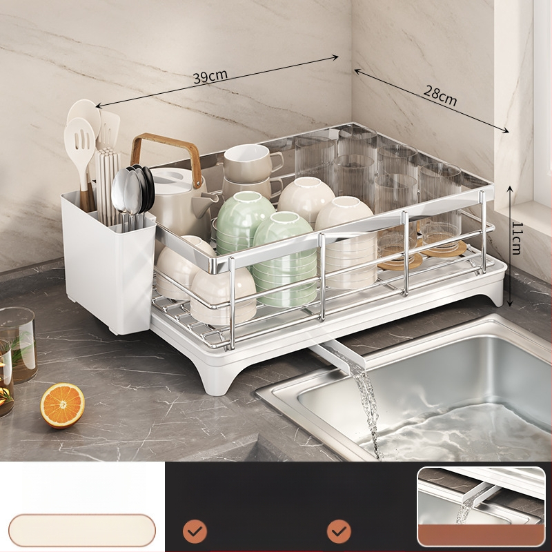 Ράφι αποστράγγισης πιάτων με θήκη για ξυλάκια φαγητού – Ατσάλι άνθρακα – Σύγχρονο μίνιμαλ στυλ – Στενή κατασκευή για περβάζι κουζίνας